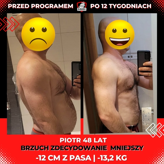 metamorfozy odchudzanie mężczyzn, zdjęcie przedstawia zmianę sylwetki Piotra 48lat, -12cm z pasa, -13,2kg