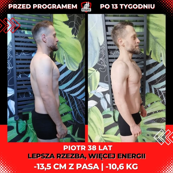 metamorfozy odchudzanie mężczyzn, zdjęcie przedstawia zmianę sylwetki Piotra 38lat, -10,6cm z pasa, -13,5kg
