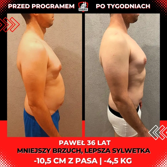 metamorfozy odchudzanie mężczyzn, zdjęcie przedstawia metamorfozę sylwetki Pawła 36lat, -10,5cm z pasa, -4,5kg