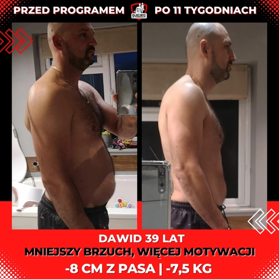 metamorfozy odchudzanie mężczyzn, zdjęcie przedstawia zmianę sylwetki Dawida 39lat, -8cm z pasa, -7,5kg
