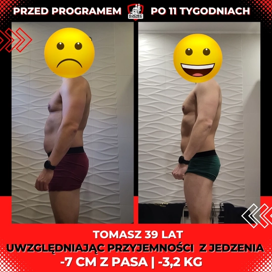 metamorfozy odchudzanie mężczyzn, zdjęcie przedstawia zmianę sylwetki Tomasza 39lat, -7cm z pasa, -3,2kg