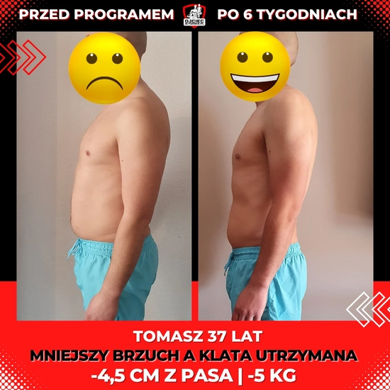 metamorfozy odchudzanie mężczyznzdjęcie przedstawia zmianę sylwetki Tomasza 37lat, -4,5cm z pasa, -5kg