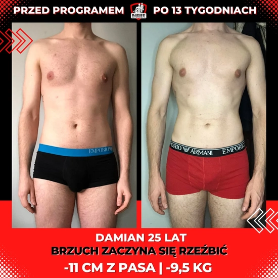 metamorfozy odchudzanie mężczyzn, zdjęcie przedstawia zmianę sylwetki Damiana 25lat, -11cm z pasa, -9,5kg