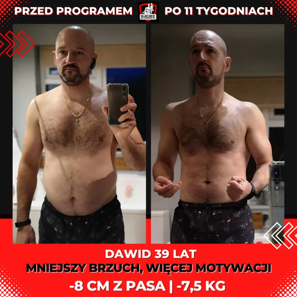 metamorfozy odchudzanie mężczyzn, zdjęcie przedstawia zmianę sylwetki Dawida 39lat, -8cm z pasa, -7,5kg