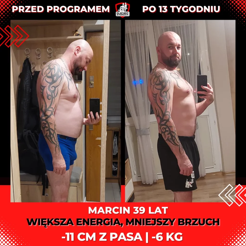 metamorfozy odchudzanie mężczyzn, zdjęcie przedstawia zmianę sylwetki Marcin 39lat, -11cm z pasa, -6kg