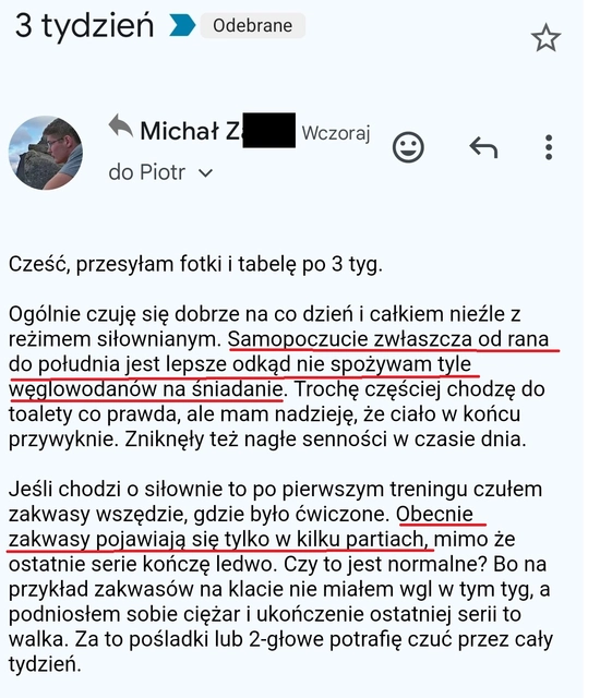 screenshot z rozmowy z podopiecznym przedstawiający jak wygląda jego progres podczas realizacji programu 90 dniowy spalacz tłuszczu