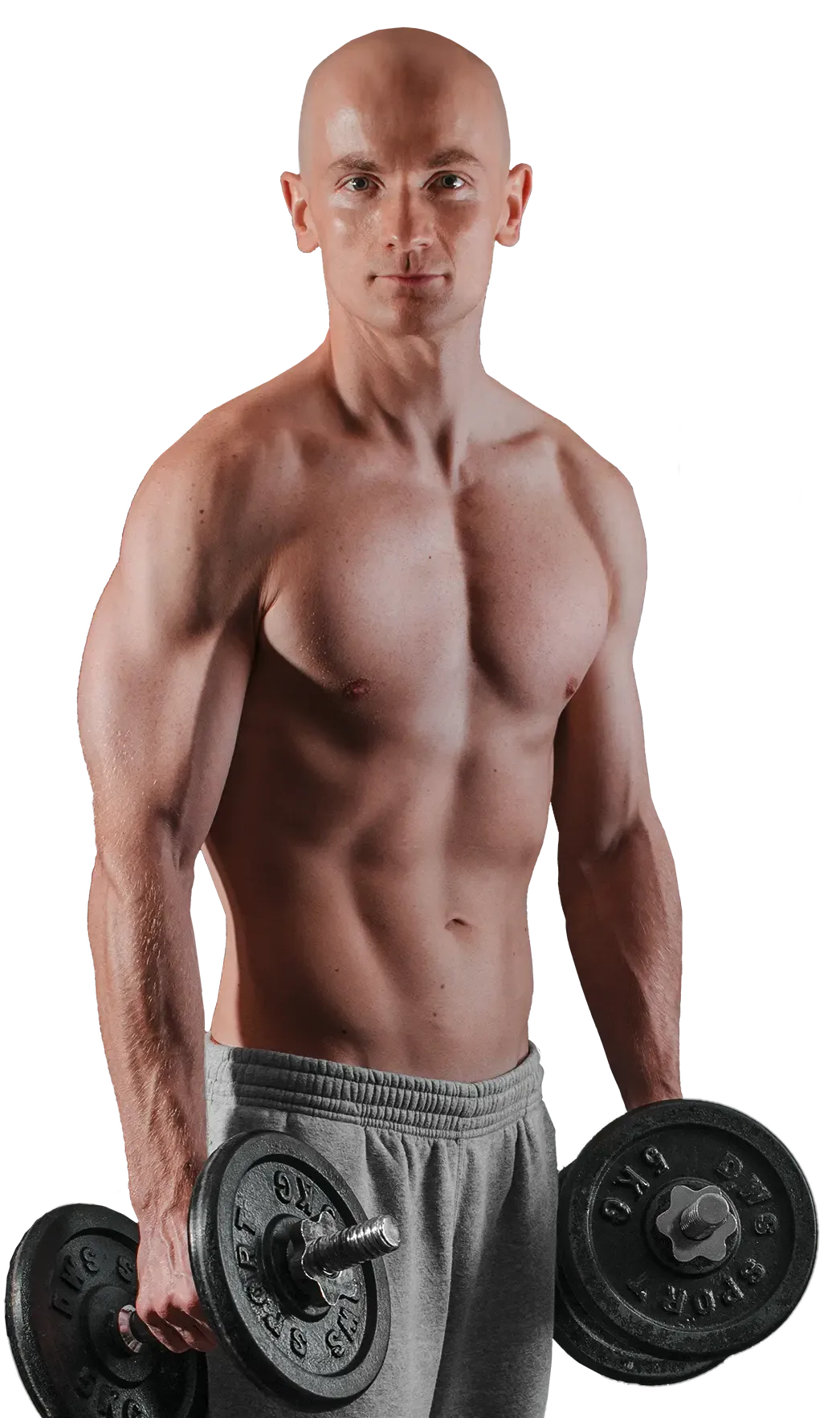 sylwetka Piotra Ładniaka z hantlami w rękach, wyraźny 6pak