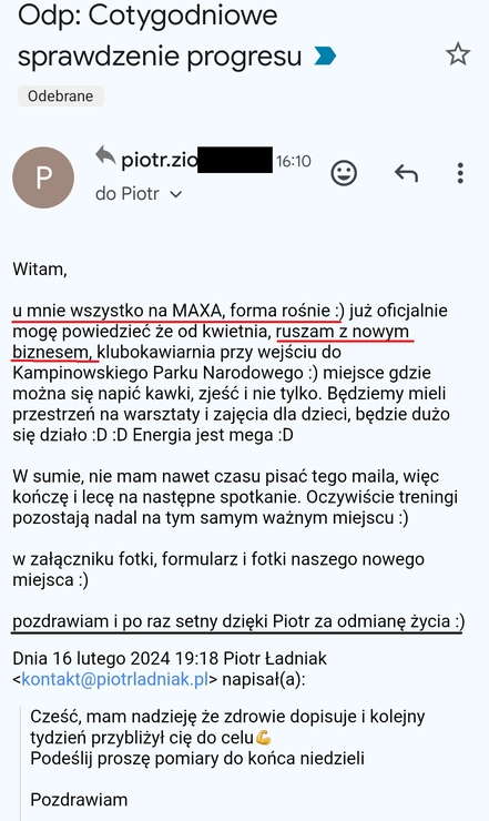 screenshot z rozmowy z podopiecznym przedstawiający jak wygląda jego progres podczas realizacji programu 90 dniowy spalacz tłuszczu
