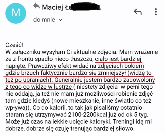 screenshot z rozmowy z podopiecznym przedstawiający jak wygląda jego progres podczas realizacji programu 90 dniowy spalacz tłuszczu