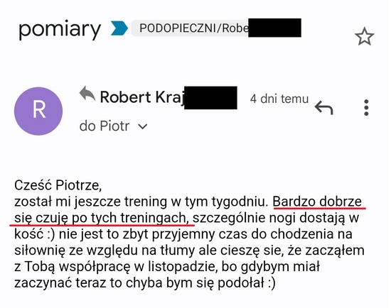 screenshot z rozmowy z podopiecznym przedstawiający jak wygląda jego progres podczas realizacji programu 90 dniowy spalacz tłuszczu
