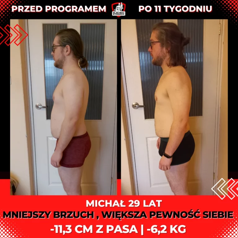 metamorfozy odchudzanie mężczyzn, zdjęcie przedstawia zmianę sylwetki Michał 29lat, -11,3cm z pasa, -6,2kg
