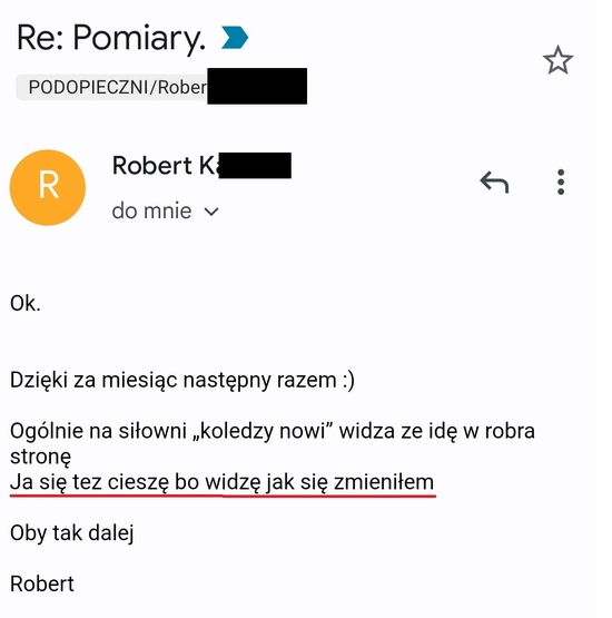 screenshot z rozmowy z podopiecznym przedstawiający jak wygląda jego progres, metamorfozy odchudzanie mężczyzn