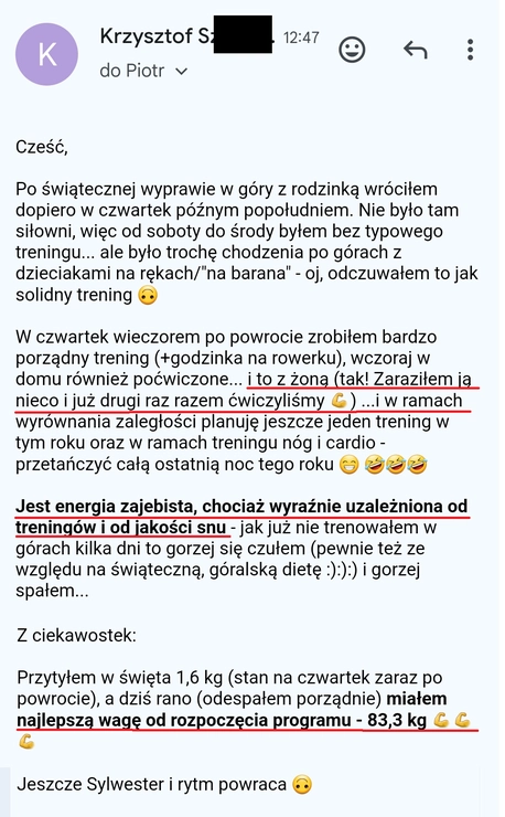 screenshot z rozmowy z podopiecznym przedstawiający jak wygląda jego progres, metamorfozy odchudzanie mężczyzn