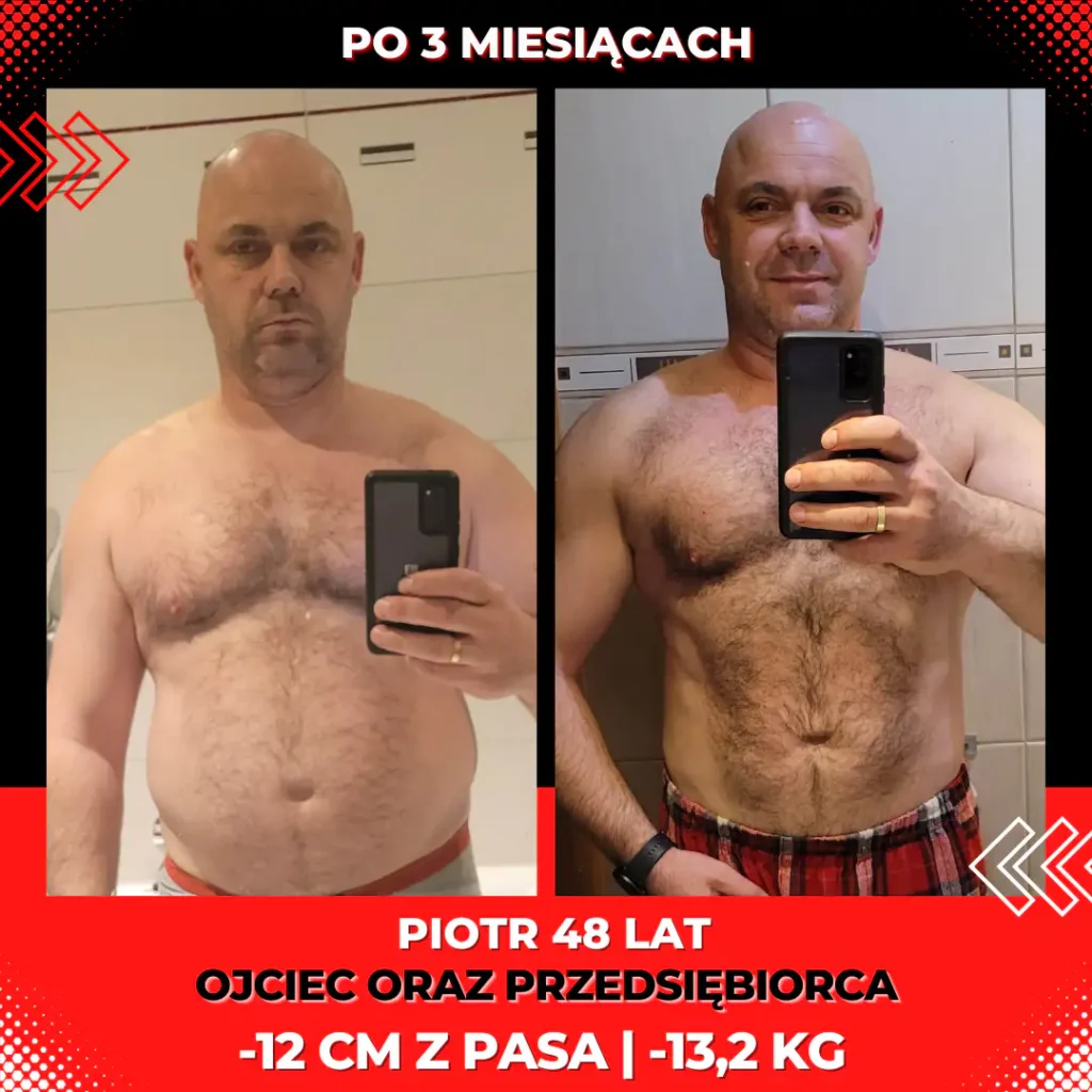 Metamorfoza podopiecznego programu Ojciec w Formie: mężczyzna 48 lat, przed i po, minus 12 cm z brzucha i -13 kg