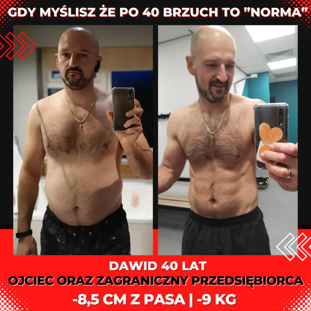 Metamorfoza podopiecznego programu Ojciec w Formie: mężczyzna 40 lat, przed i po, minus 8 cm z brzucha i -9 kg